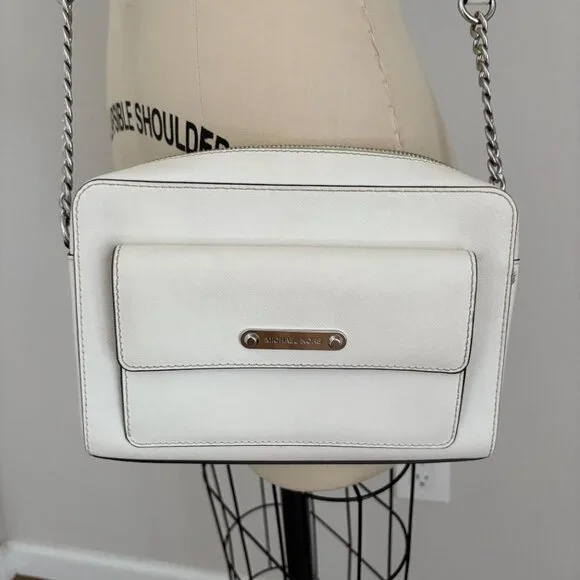 MICHAEL KORS MK GEORGIA MEDIUM MESSENGER CROSSBODY LEATHER BAG OFF WHITE - Picture 2 of 14